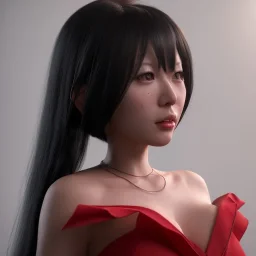 portrait only hitomi tanaka, long black hair, red dress, full body, 8k, highly realistic, octane render,