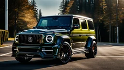 A (((G-Wagon mustang))) featuring a luxurious interior, advanced technologies, and a sleek body kit designed by MANSORY, front cinematic view on road in morning