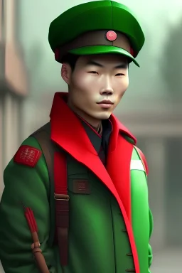 cute chinese red guard,, green uniform with green newsboys cap, beautiful asian