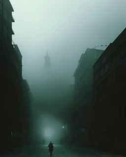 Dark street creepy fog colours strong texture nightmare 8k artistic Photography volumetric light, Yves Tanguy Max Ernst