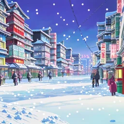 snowy Japan modern city landscape in winter, building light on, beautiful, colorful, old anime style, high details, high quality 8k