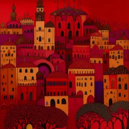 A dark red and maroon metropolis with crown shaped buildings designed in Indian Gond art painted by Paul Ranson