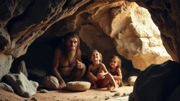 Neanderthal family living in a luxurious cave, stone age technology, happy children, animal skin clothing, colour photograph