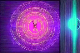 black background, outlines of a holographic clock and a picture in border drawn from thin neon-coloured glowing lines