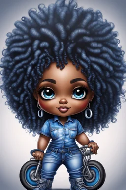 create an airbrush illustration of a chibi cartoon voluptuous black female wearing a blue jean outfit with a tie dye tshirt with biker boots. Prominent make up with hazel eyes. Extremely highly detail of a tight curly black and shiny afro. Background of a bike show