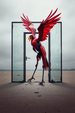 vibrant artwork featuring a red mechanical vulture made of scrap metal rearing against an arafed damaged glass door with frame standing in the middle of a desert, amazing reflections, amazing verticals, dramatic, dynamic, anxiety vibe, background is a blend of gray tones and random splinter glitch fragments in cobalt blue and yellow, creating an unnerving atmosphere