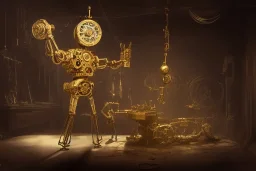 concept art of a giant mechanical clockwork marionette made of brass and gold in a dark moody interior, puppet, ornate, engraved highly detailed, fantasy, render, digital painting, trending on artstation, illustration, in the style of piotr jablonski, artgerm and greg rutkowski, dishonored, arkane lyon