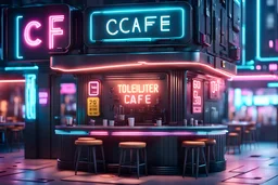 3d rendered realistic scene cyberpunk cafe, front view with signage