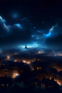 ciudad en la noche al estilo rembrandt con nubes en el cielo y luces tenues color azul