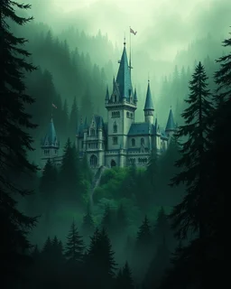 make a medieval castle in the background, forest, dark, light, green, magical, shadows.