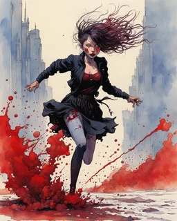 Petit girl goth, run pose, fullbody, splashes blood, behind guts rising from the ground, watercolor illustration by Jean Giraud Moebius, darkred tones,