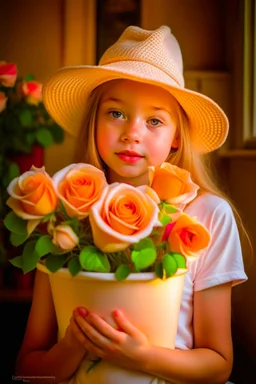 A little girl from Russia at the age of 7 years holds a lot of roses and puts them on her face, and she wears a white Bucket Hat, she puts the roses in front of her face, so her face does not appear, so her face does not appear,(Many Flowers: 1.2), Soft Light, Golden Hour, Upper Body, HDR, 8k, Natural Skin Texture, AO, Intricate, Highly Detailed, Sharp Focus, Crazy Detail, Intricate Detail, Highly Detailed ,The girl looked down