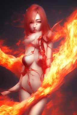 3d Anime girl close and personal but beautiful in fire background