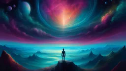 a stunning medium artwork depicting a figure standing on the edge of forever, surreal, dreamlike, fantasy, cosmic, vibrant colors, vast void, ethereal glow, mystical, atmospheric, panoramic view