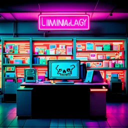 Unsettling office, skull, neon signs, empty, a computer is running, liminalcore, windows 95 logos, supermarket, Yves Tanguy