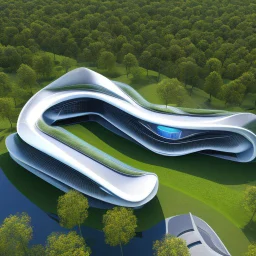 Cabin complex, Zaha Hadid style, aerial view, ultra quality, hyper-detailed, digital art, 8k 3D, trees, parking lots