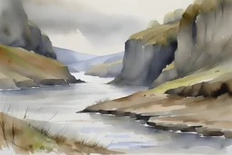 River scene by grey cliffs in wet watercolour
