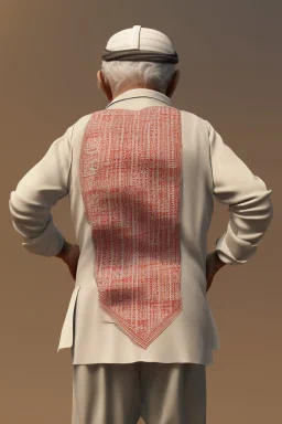 An old man wearing an Arabic keffiyeh, his back bent, walking barefoot, holding his cane upside down, looking back and holding his shoe in his hand.