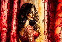 A beautiful brunette woman looks out from behind a red lace and silk curtain, holds the curtain with one hand and pulls it away in sunshine, watercolor and black ink outlines, sparkling golden glitter, ethereal, cinematic postprocessing, bokeh, dof