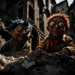 Close-up of ultra realistic odd monsters in a ruined city, after a war, vivid, ultra realistic, Egon Schiele, hypermaximalist figures, light, Italian 1970's odd movie, hilarious, fine art, Minicavio Quollati style, photography by Marlost Endgulp, dark atmosphere, obsessive, 4k, sharp focus, 3d, photorealism