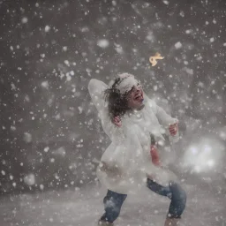 a photo of a friendly cute flower with a human face dancing in a snow storm and laughing with pleasure, highly detailed, realistic, unreal engine, hyper realistic, 100 mm, f / 4, 8k, tyndall effect, cinematic, ultra wide angle