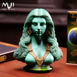 auction hammer, green olivine stone figurine, bust of luna aurora divine, ancient, magic,on dark wooden table with drinking glass, hairy hand