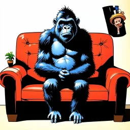 Gorillaz style cartoon Gorilla sits on the couch with bong by Jamie Hewlett