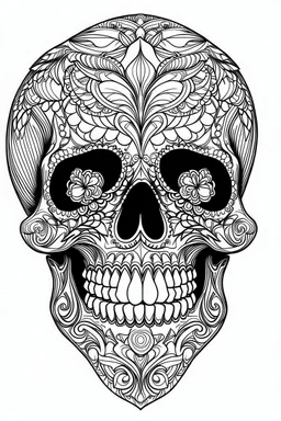 A Coloring book page, black and white, skull. The outlines should be simple and suitable for younger colorists, photo real