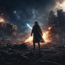 post apocalyptic space sorcerer casting spells, explosion behind, destroyed city, night starry sky, epic cinematic fight scene, 8k resolution, photorealistic, ultra detailed, macro photography