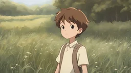 Timmy a young boy with brown short hair, exploring an empty field with excitement, discussing his vision, detailed, masterpiece, perfect eyes, HD, high resolution, 4k, ghibli style