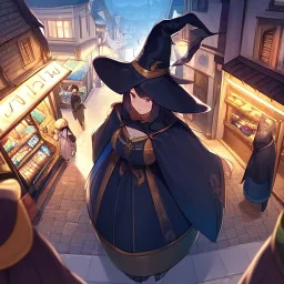  cute witch, air view, huge streetMarket,