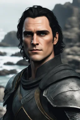 A portrait of Joaquin Phoenix in his early 30s, long beachy haircut, black hair, on a rocky island, in ebony armor from Skyrim, melancholic and dangerous facial expression, half-smiling, in the style of Genndy Tartakovsky cartoons