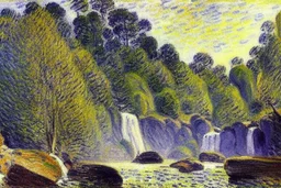 Big epic waterfall, rocks, trees, alfred sisley impressionism painting