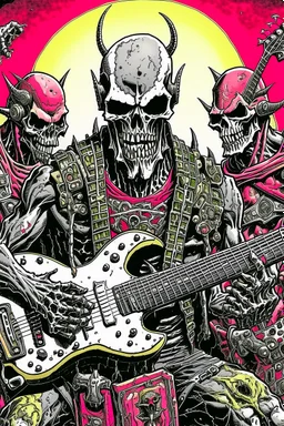 A hard rock band made up of Terminators play a song in front of the devil, and the devil holds his ears because it's too loud.