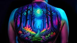 An amazing dark psytrance art tattoo of a fantastical forest on a human back, on a dark background under UV light, vivid and vibrant neon tattoo ink, detailed, intricate, high contrast.