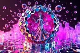 very complex 3d structure ,pretty viberating color environment 3d metalic and crystal recursive evolving and animating beveled geometric base very complex CIFY structure emiting bubbles that broke, goddess of love in a pretty modern dress comes out dancing fast hip hop, viberating color moving very in modern city escap environment while camera tracking it.write in down screen 3d animating"Made in Qwen By:J.Babakan"