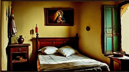 poor European small village room with a narrow old vintage wooden bed, large white pillows at the end of the bed, an old wardrobe, a small table by the wall, a kerosene lamp on it, above it there is a religion painting of the Virgin Mary the blessed mother with sacred heart on the wall, an old rectangular mirror, in front of the wooden framed window there is no curtain, simple village furniture, sharp focus, high realistic, perfect photo