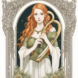 Elven sword maiden with ginger hair holding a harp