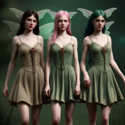 Middle Ages, three pretty girl fairies, green eyes, bottomless