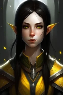 Realistic, brave, young, elf, girl, with jet black hair, freckles, religious cleric, wearing yellow leather armor and pointed ears, dark comfy lighting