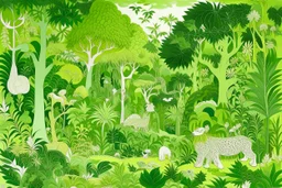 A lime green savanna with leafy trees and animals designed in Chinese paper art painted by Hashimoto Gaho