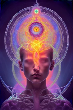 Spiritual being with Tentacles over human Head creating reality around, wrapping Spiral around Human, Psychedelic