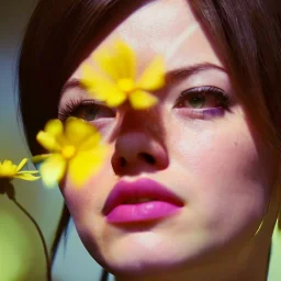 Emma Stone no underwear with yellow flowers for hair, closed eyes, rtx, reflection, 8k, glow, winning photography, caustics