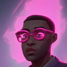 portrait of black man wearing pink glasses with background light in a desrt street of abnadonned new york