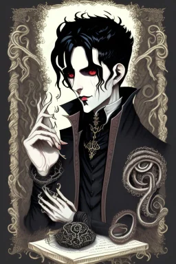 black haired young man necromancer wizard with gothic jewelry and tentacle fingers in the style of Fyodor Pavlov