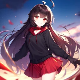 Clear focus,High resolution,High quality, Smiling, Black hoodie with a red collar, Wearing a red skirt, Wearing black long socks, Black Long hair with a ahoge, Red eyes, Wearing black gloves