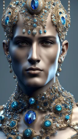 AI 3d photo realistic image of young man, handsome, shiny hard eyes, shiny large baubles, ornate, large gemstones, molten metalics, high definition, high res, octane render, 64k, 3d