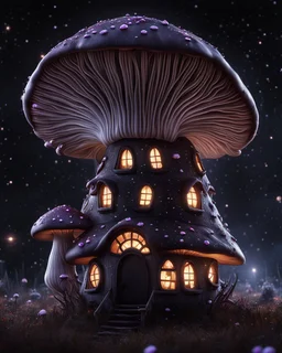 An illogically floating mushroom house on a clear night. white black, Stars Dark cosmic interstellar. Detailed Matte Painting, deep color, fantastical, intricate detail, splash screen, hyperdetailed, insane depth, concept art, 8k resolution, trending on Artstation, Unreal Engine 5, color depth, backlit, splash art, dramatic, High Quality Whimsical Fun Imaginative Bubbly, perfect composition