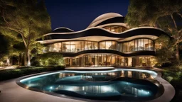 2084, delightful, sensitive, confident, undulating sinusoidal mansion with pointed hyperbolic roofs, delicate, night, darkness, water features, exquisite architecture, innovative design, award-winning photograph, beautiful composition, filled with beautiful detail, delicate colour, chiaroscuro