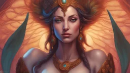 The beautiful goddess of intens love. concept art, mid shot, intricately detailed, color depth, dramatic, 2/3 face angle, side light, colorful background. Painted by Julie Bell